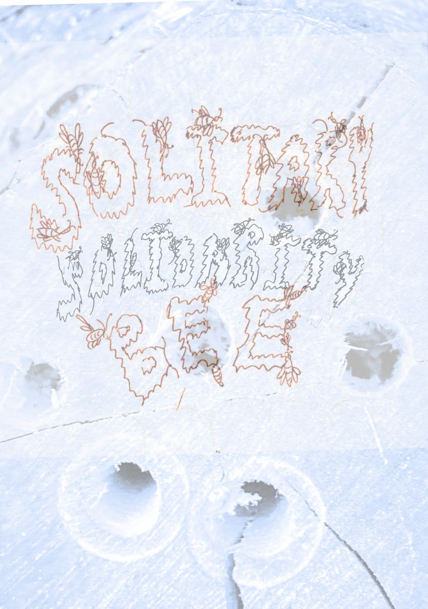 handrawn text, almost dripping with honey, with bees hovering over it reads, solitary solidarity bee 