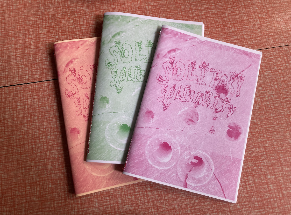 Different colour copies of Bee Zine in red, green and pink 